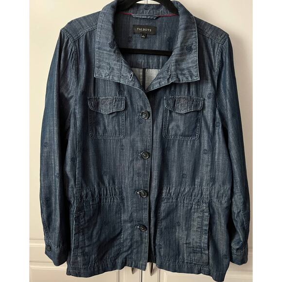 Talbots Chambray Safari Style Jacket with Embroidery Size L NWOT - Picture 10 of 10